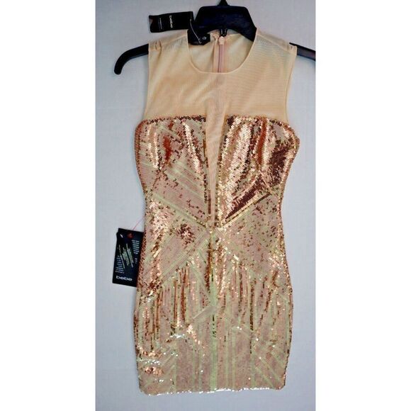 bebe Women's Sz Small Rose Gold Geo-Sequin Blocked Mini Body Con Dress - Picture 1 of 11